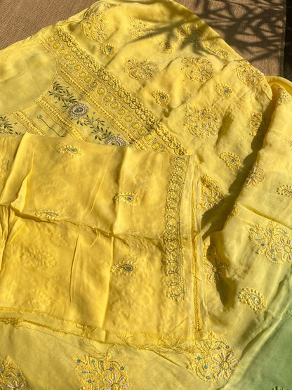 Yellow with Mehndi Chikankari Unstitched Muslin Dress - Famous Chikankari