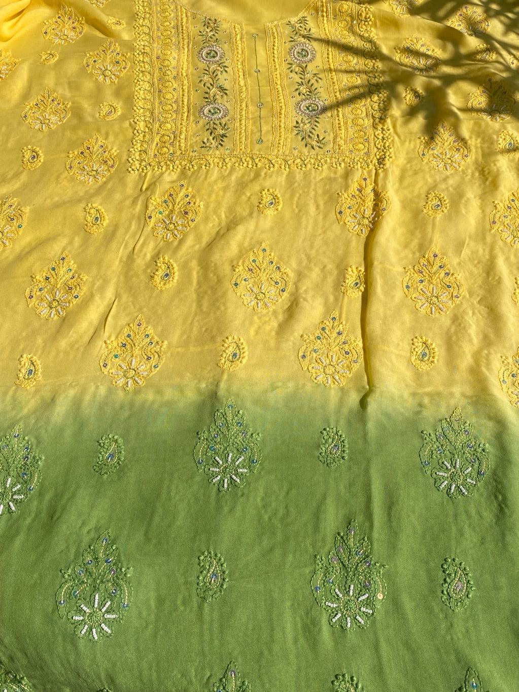 Yellow Mehndi Chikankari Unstiched Muslin Dress