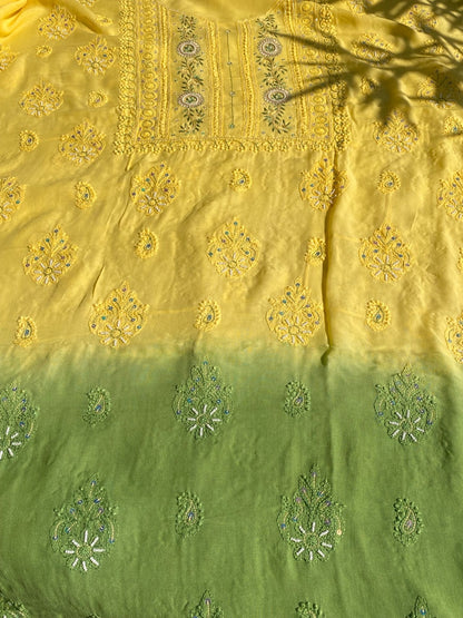 Yellow with Mehndi Chikankari Unstitched Muslin Dress - Famous Chikankari