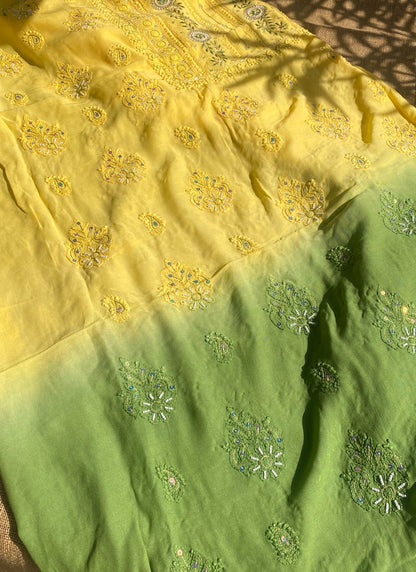 Yellow with Mehndi Chikankari Unstitched Muslin Dress - Famous Chikankari