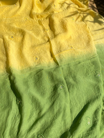 Yellow with Mehndi Chikankari Unstitched Muslin Dress - Famous Chikankari