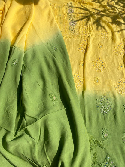 Yellow with Mehndi Chikankari Unstitched Muslin Dress - Famous Chikankari