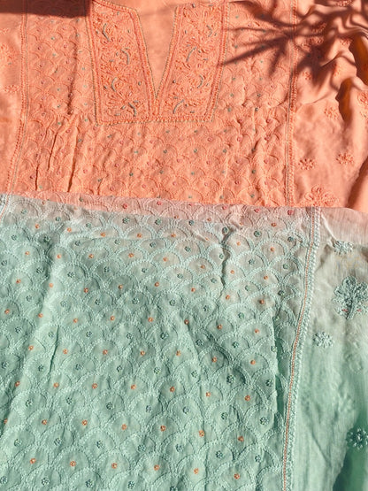 Peach with Green Chikankari Unstitched Muslin Dress - Famous Chikankari