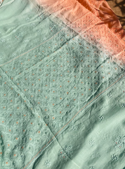 Peach with Green Chikankari Unstitched Muslin Dress - Famous Chikankari