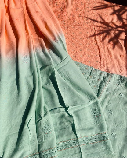 Peach with Green Chikankari Unstitched Muslin Dress - Famous Chikankari