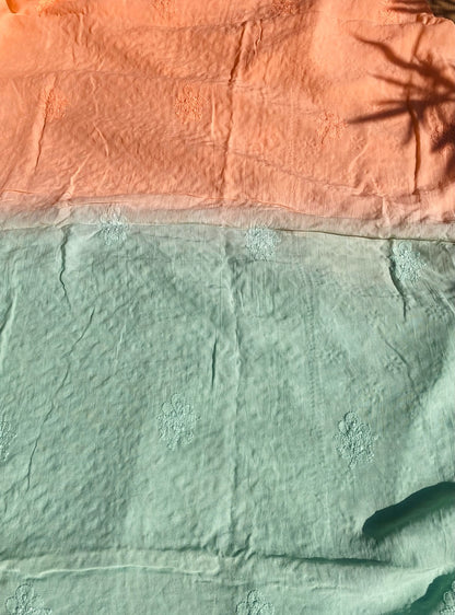 Peach with Green Chikankari Unstitched Muslin Dress - Famous Chikankari