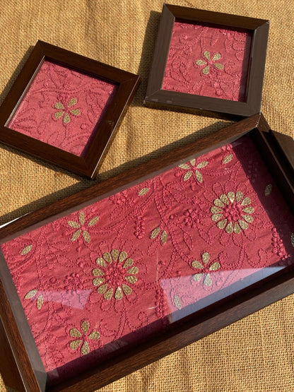 Chikankari Tray With Two Coaster Set - Famous Chikankari