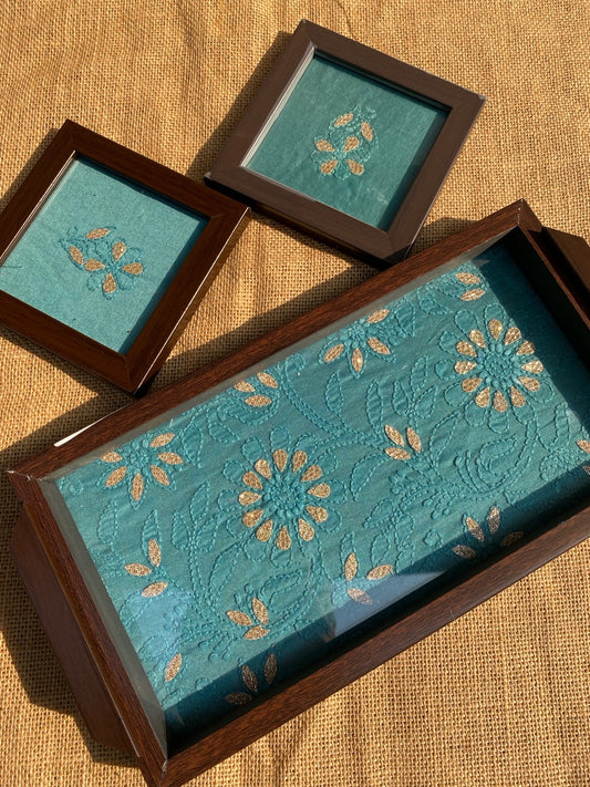Chikankari Tray With Two Coaster Set - Famous Chikankari