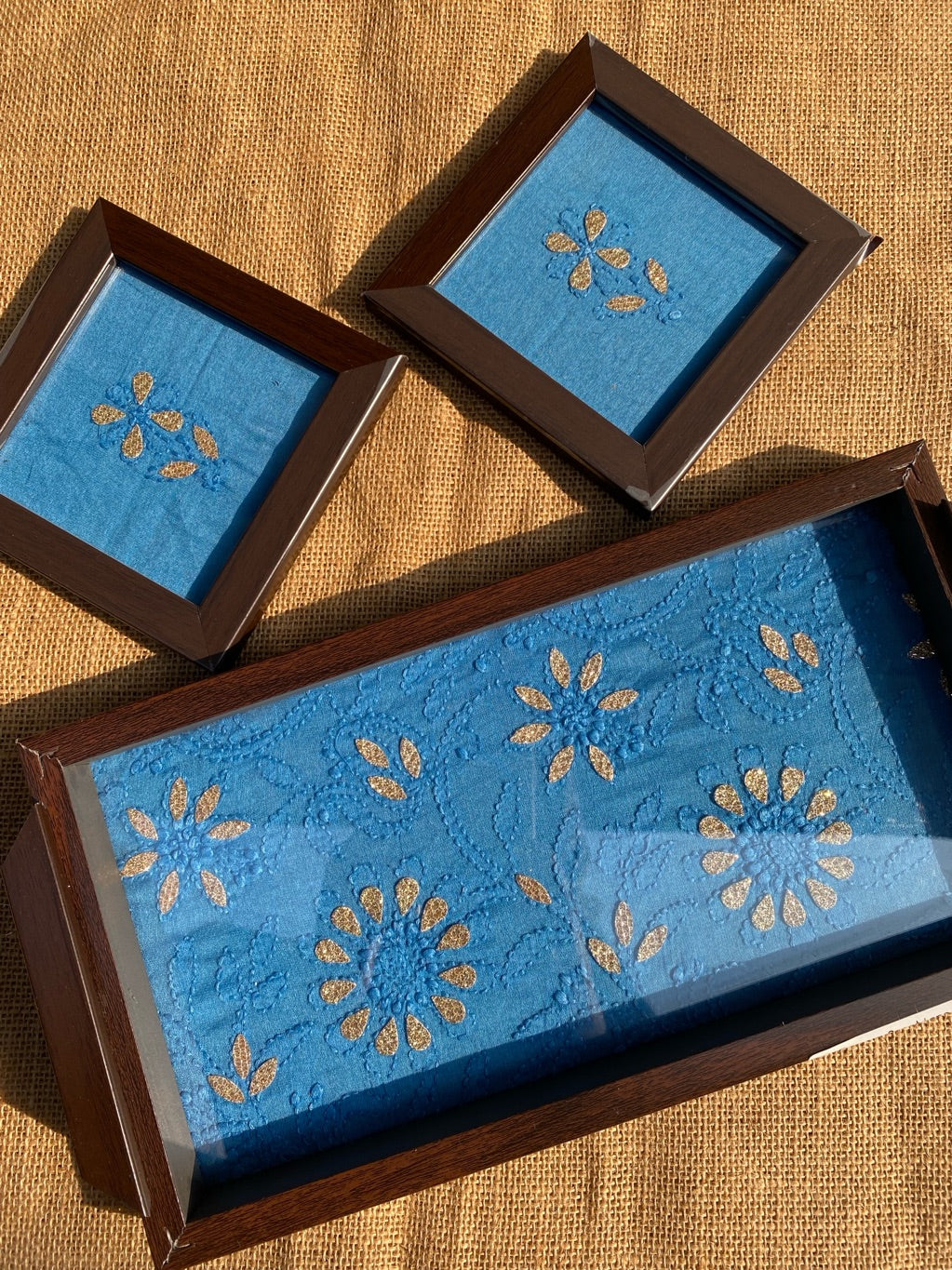 Chikankari Tray With Two Coaster Set