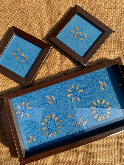 Chikankari Tray With Two Coaster Set - Famous Chikankari