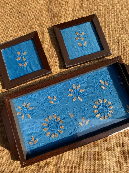 Chikankari Tray With Two Coaster Set - Famous Chikankari