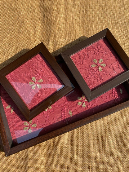 Chikankari Tray With Two Coaster Set - Famous Chikankari