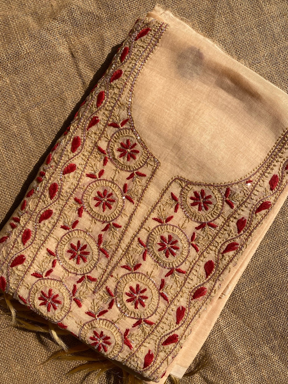 Beige With Maroon Chikankari Unstiched Dress Material - Famous Chikankari