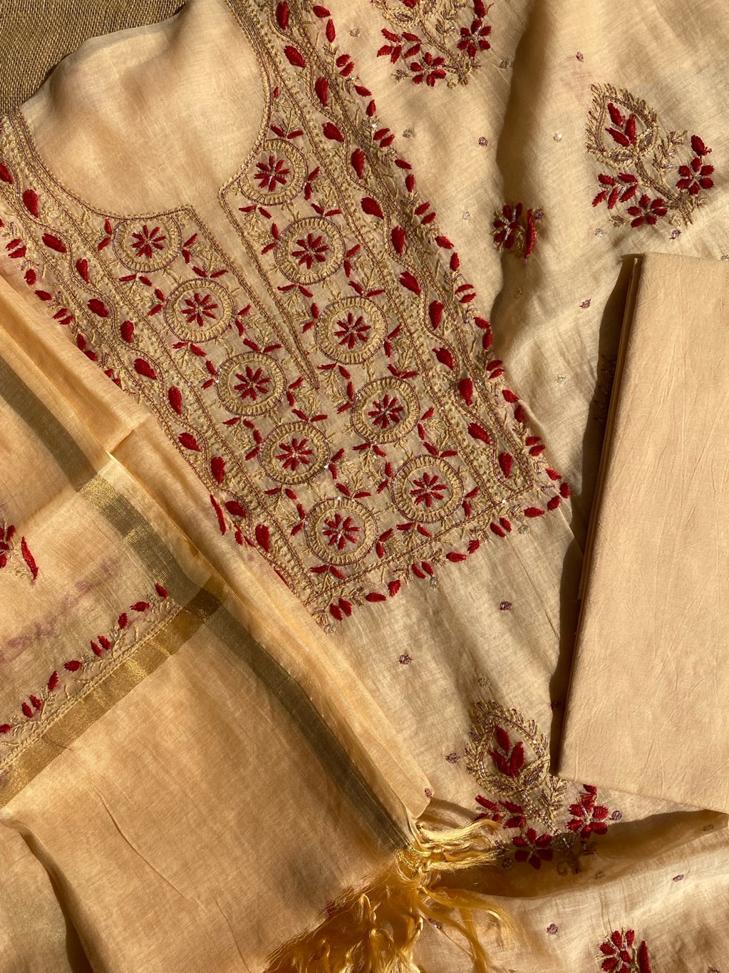 Beige With Maroon Chikankari Unstiched Dress Material