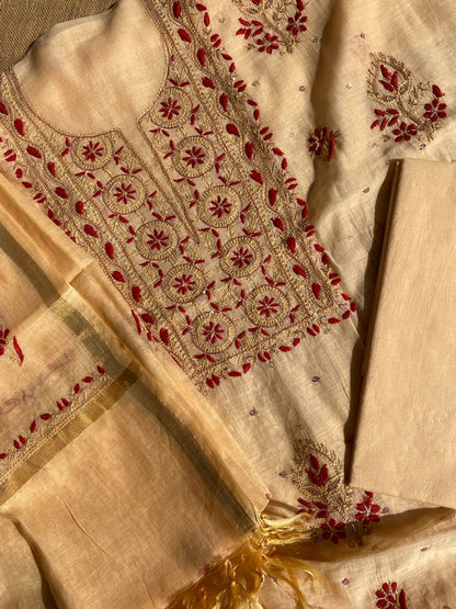Beige With Maroon Chikankari Unstiched Dress Material - Famous Chikankari