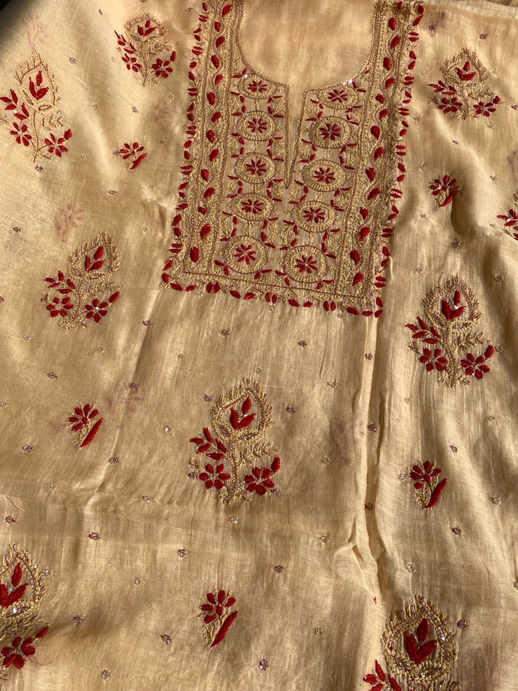 Beige With Maroon Chikankari Unstiched Dress Material