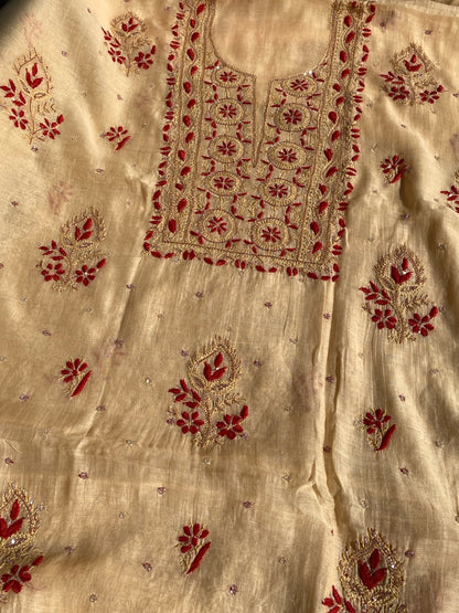 Beige With Maroon Chikankari Unstiched Dress Material - Famous Chikankari