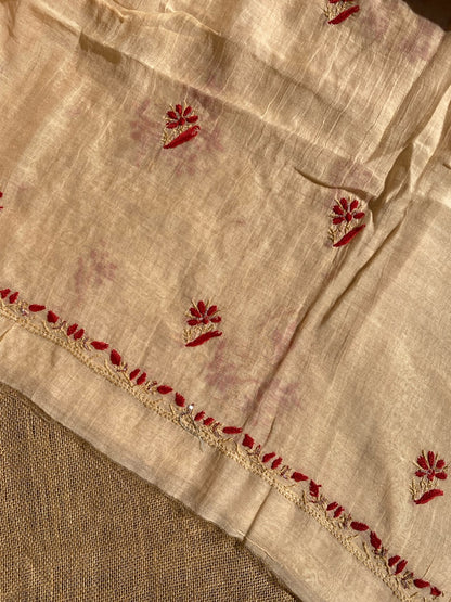 Beige With Maroon Chikankari Unstiched Dress Material - Famous Chikankari