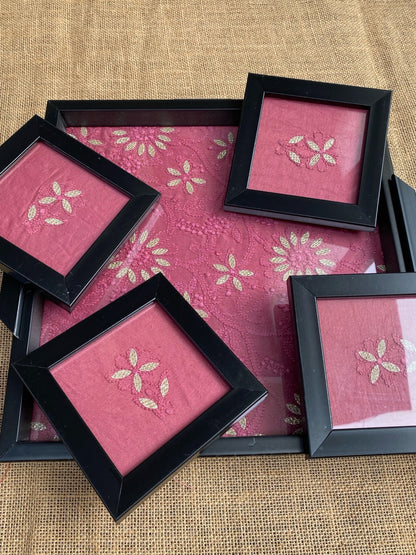 Chikankari Tray With Four Coaster Set - Famous Chikankari