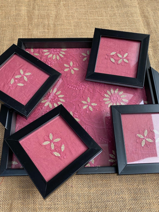 Chikankari Tray With Four Coaster Set - Famous Chikankari
