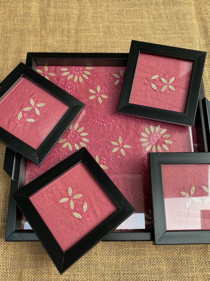 Chikankari Tray With Four Coaster Set - Famous Chikankari