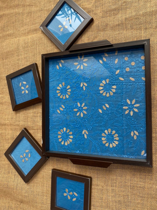 Chikankari Tray With Four Coaster Set - Famous Chikankari