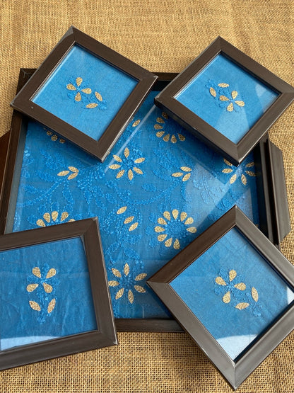Chikankari Tray With Four Coaster Set - Famous Chikankari