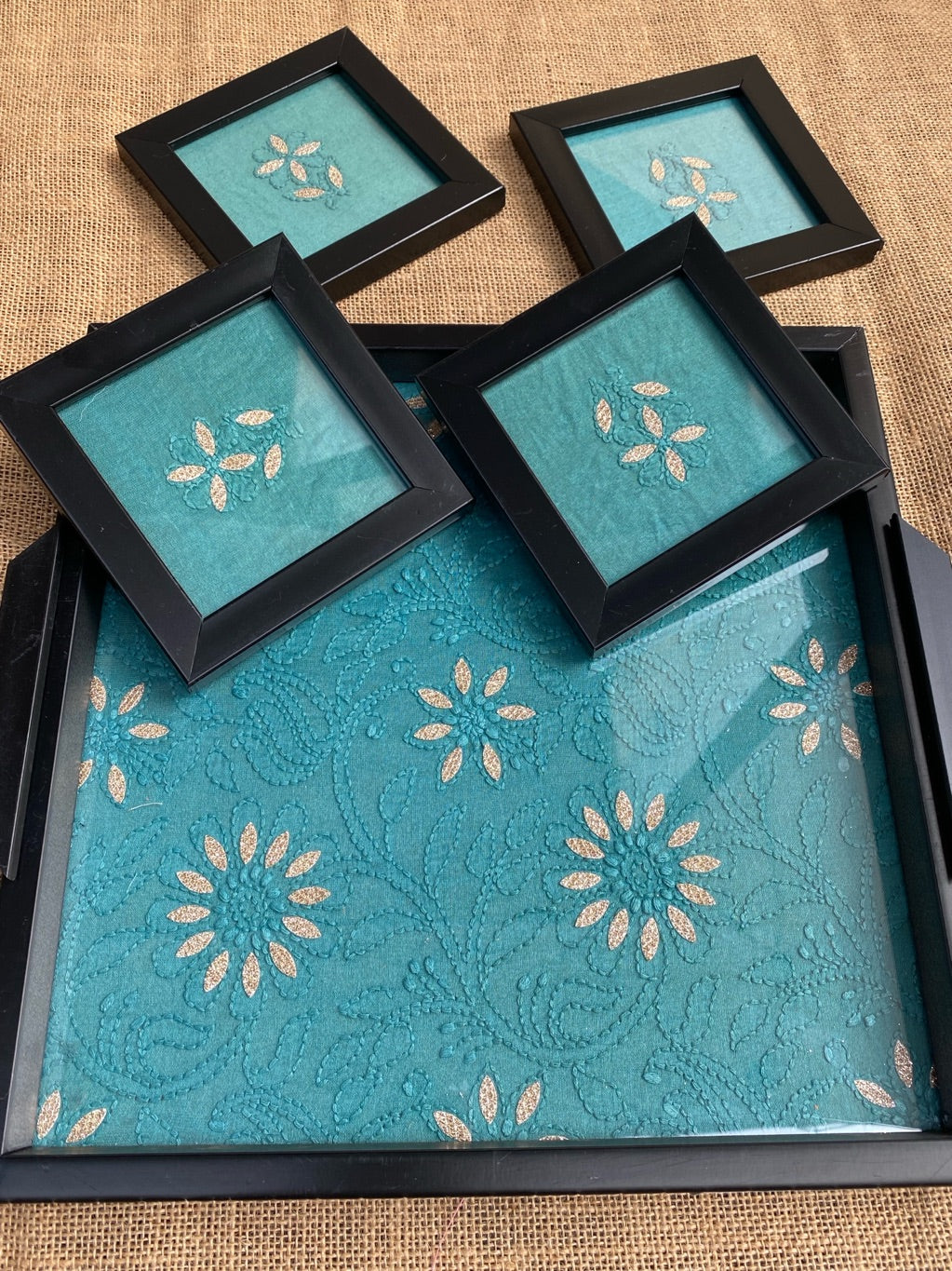 Chikankari Tray With Four Coaster Set