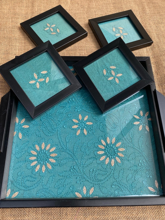 Chikankari Tray With Four Coaster Set - Famous Chikankari