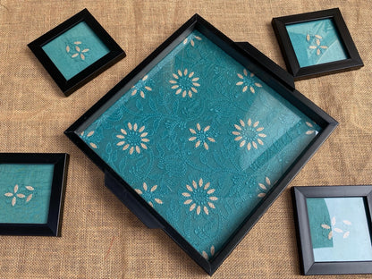 Chikankari Tray With Four Coaster Set - Famous Chikankari