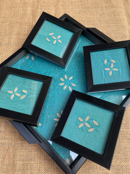 Chikankari Tray With Four Coaster Set - Famous Chikankari