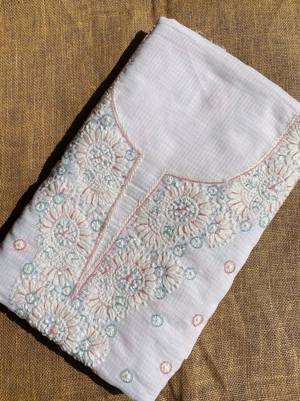 Glacier White Chikankari Unstiched Kota Dress