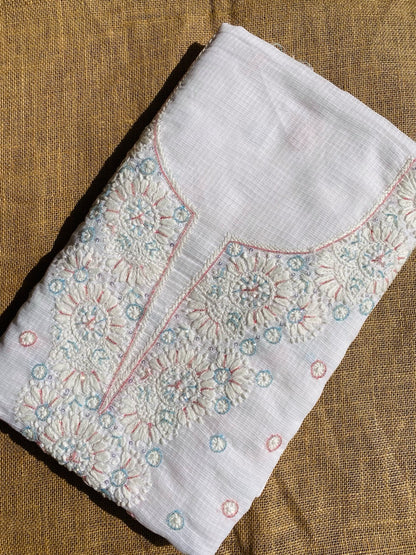 Glacier White Chikankari Unstiched Kota Dress - Famous Chikankari