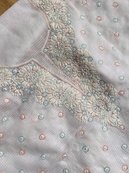 Glacier White Chikankari Unstiched Kota Dress - Famous Chikankari