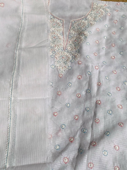 Glacier White Chikankari Unstiched Kota Dress - Famous Chikankari