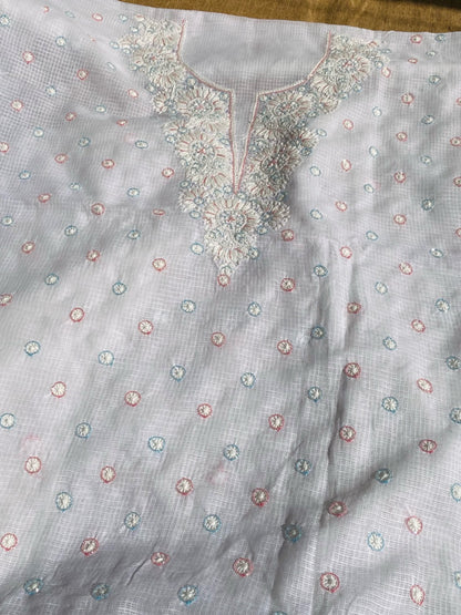 Glacier White Chikankari Unstiched Kota Dress - Famous Chikankari