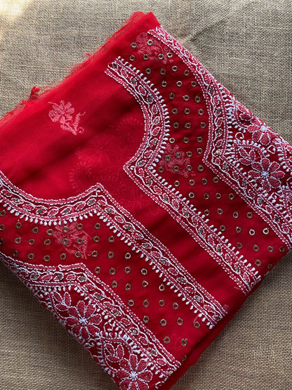 Red Chikankari & Mukaish Unstiched Jaalwork Kurta Unstiched - Famous Chikankari