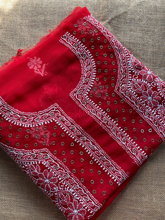 Red Chikankari & Mukaish Unstiched Jaalwork Kurta Unstiched