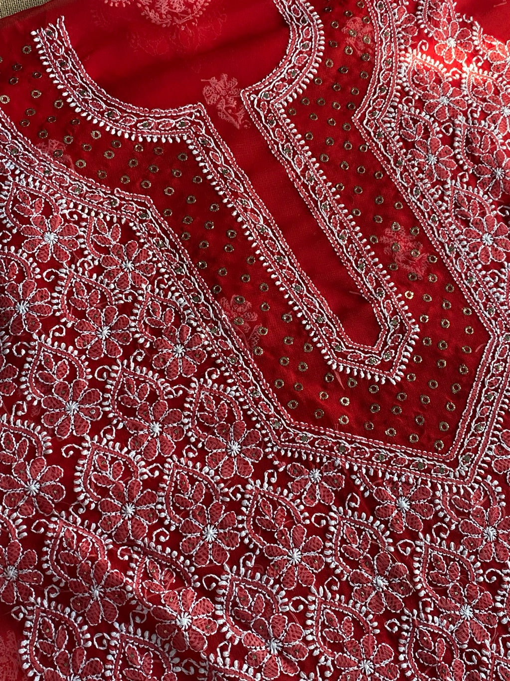 Red Chikankari & Mukaish Unstiched Jaalwork Kurta Unstiched