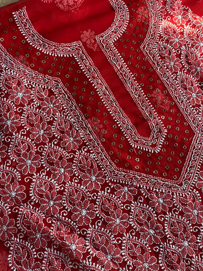 Red Chikankari & Mukaish Unstiched Jaalwork Kurta Unstiched - Famous Chikankari