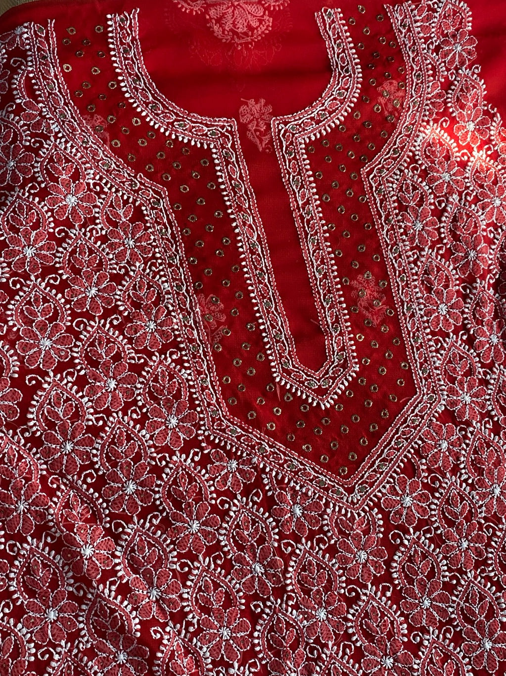 Red Chikankari & Mukaish Unstiched Jaalwork Kurta Unstiched