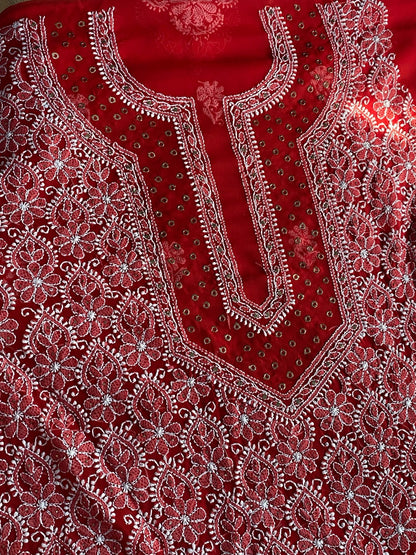 Red Chikankari & Mukaish Unstiched Jaalwork Kurta Unstiched - Famous Chikankari