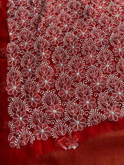 Red Chikankari & Mukaish Unstiched Jaalwork Kurta Unstiched - Famous Chikankari