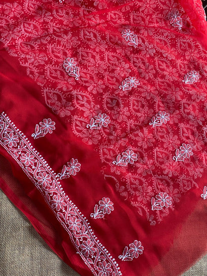 Red Chikankari & Mukaish Unstiched Jaalwork Kurta Unstiched - Famous Chikankari