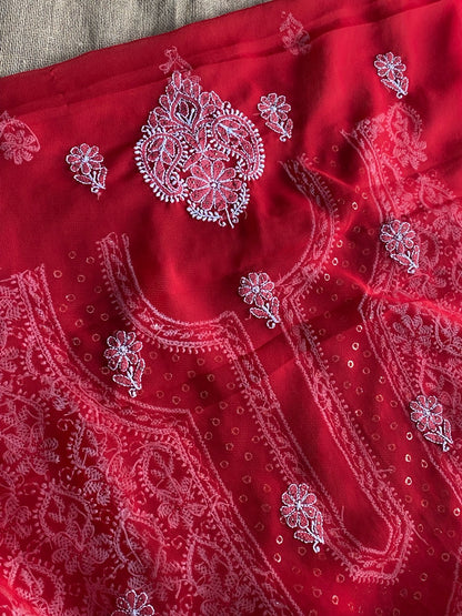 Red Chikankari & Mukaish Unstiched Jaalwork Kurta Unstiched - Famous Chikankari