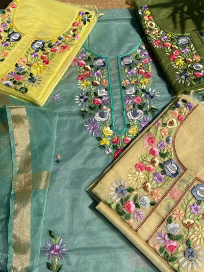 Beautiful Parsi Gara Embroidered Kurta Dupatta - Famous Chikankari