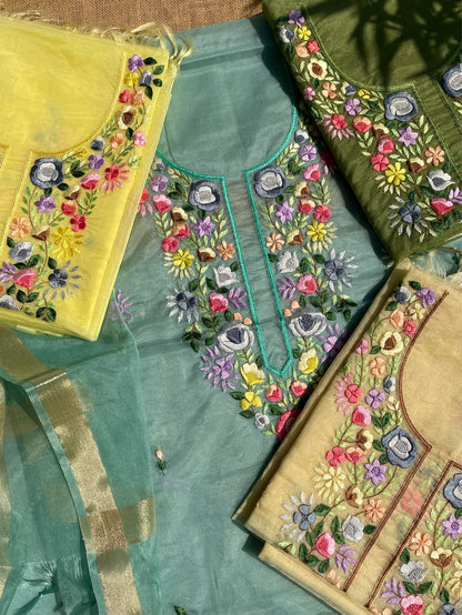 Beautiful Parsi Gara Embroidered Kurta Dupatta - Famous Chikankari
