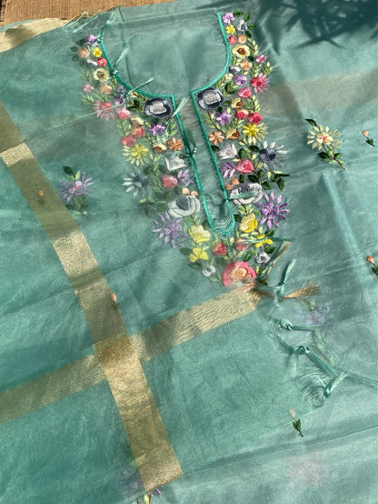 Beautiful Parsi Gara Embroidered Kurta Dupatta - Famous Chikankari
