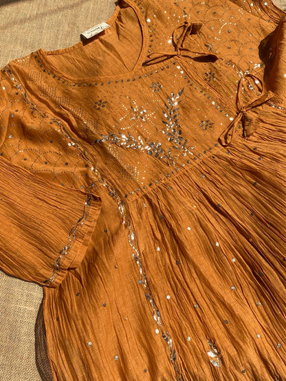 Roohani Mustard Handcrafted Mukaish Gown Set - Semi Stitched - Famous Chikankari