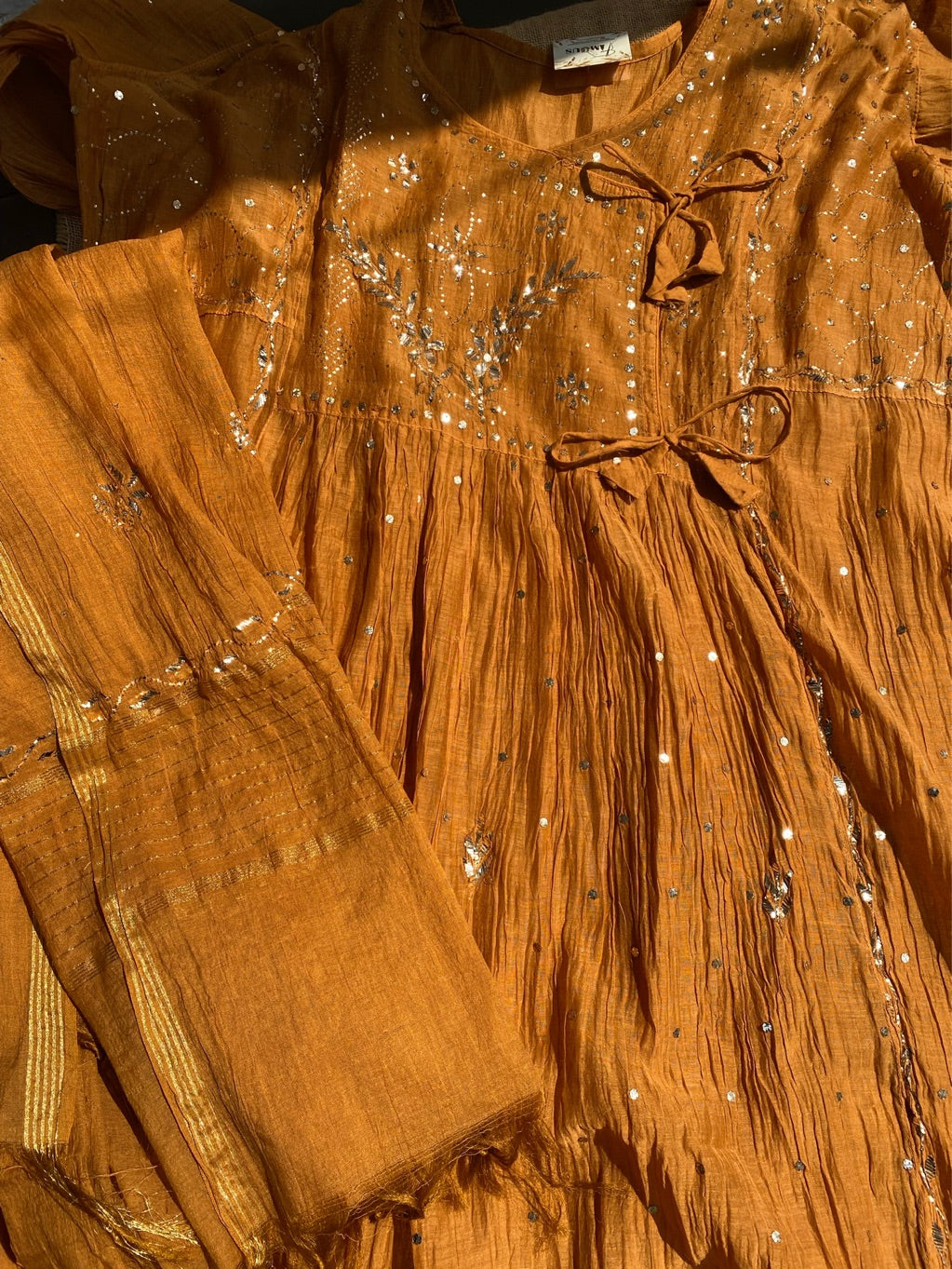 Roohani â€“ Mustard Handcrafted Mukaish Gown Set - Semi Stiched